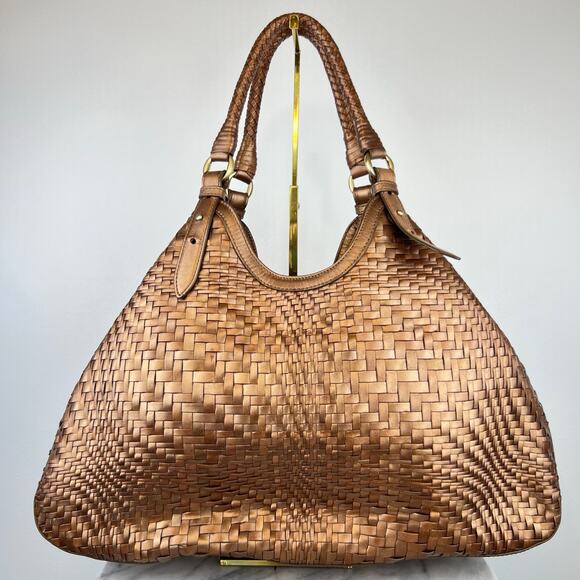 Cole Haan Genevieve Weave Brown Metallic Gold Leather Large Shoulder Bag - Picture 4 of 16